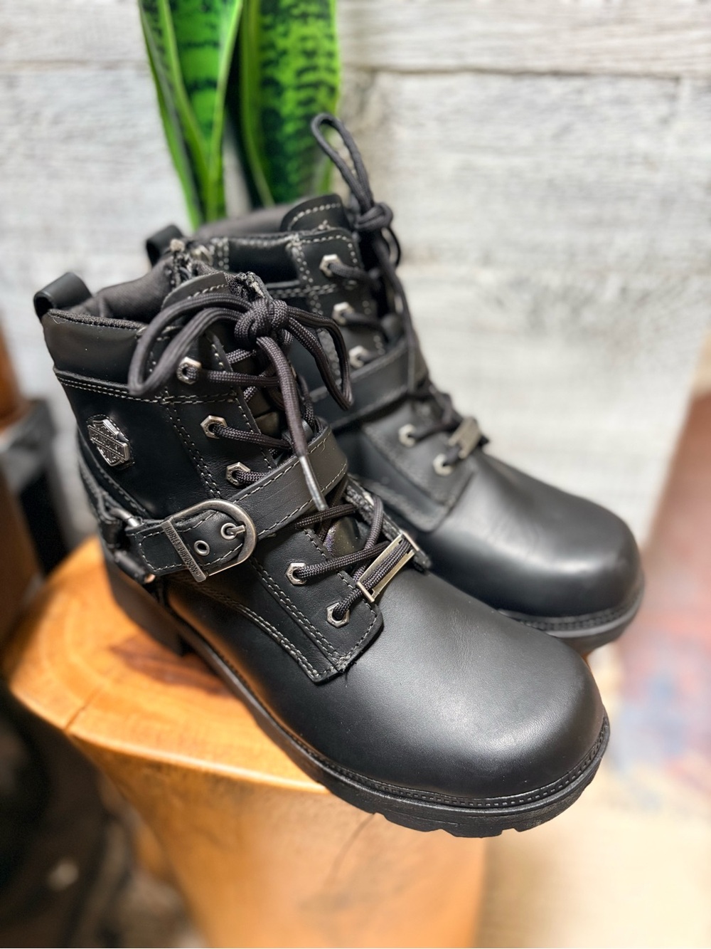Harley-Davidson | "Tegan" Lace-Up Leather Chunky Moto Ankle Boots - Black, 9M